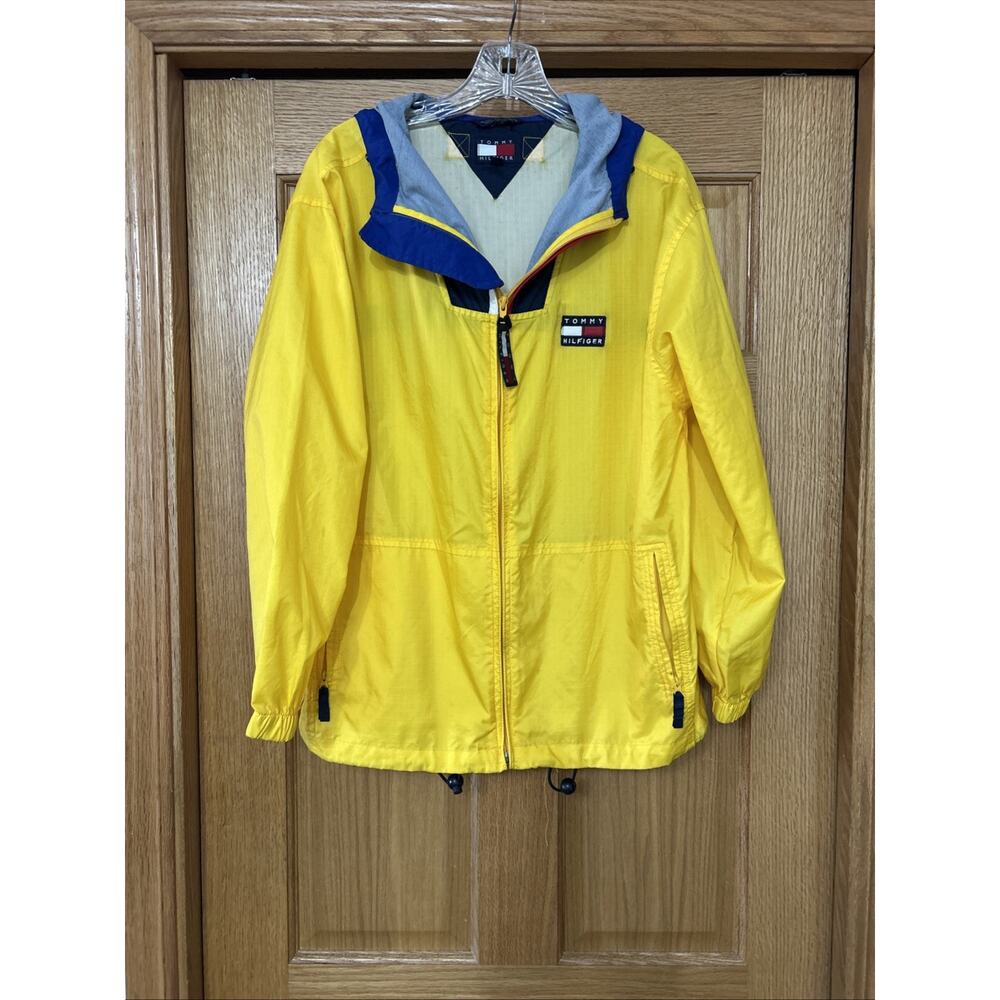 Vtg Y2K Tommy Hilfiger Yellow Full Zip HoodedRain Windbreaker Jacket Sz L Flaws